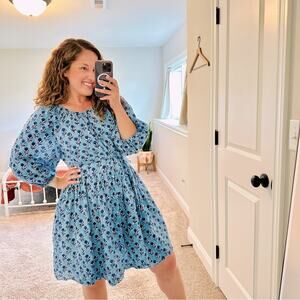 Emerson Fry India Collection Blue Floral Cotton Block Print Mini Dress XS